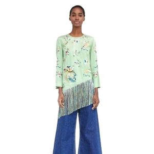 ZARA Oriental Embroidered Assymetric Fringe Top
